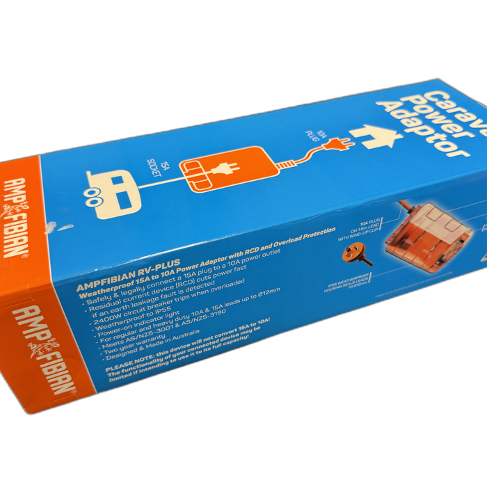 Ampfibian RV‑PLUS 15A‑to‑10A Power Adaptor – Weatherproof RCD Caravan Safety