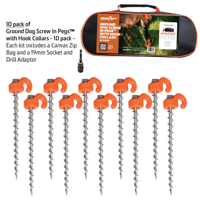 Ground Dog Screw In Pegs with Hook Collars - 10 Pack + Free Socket & Bag