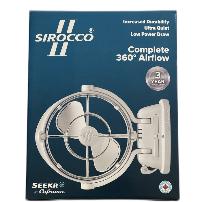 Sirocco II 12/24 V White Gimbal Fan – 360° Airflow, 3 Speeds, Timer, Ultra‑Quiet (Caframo)